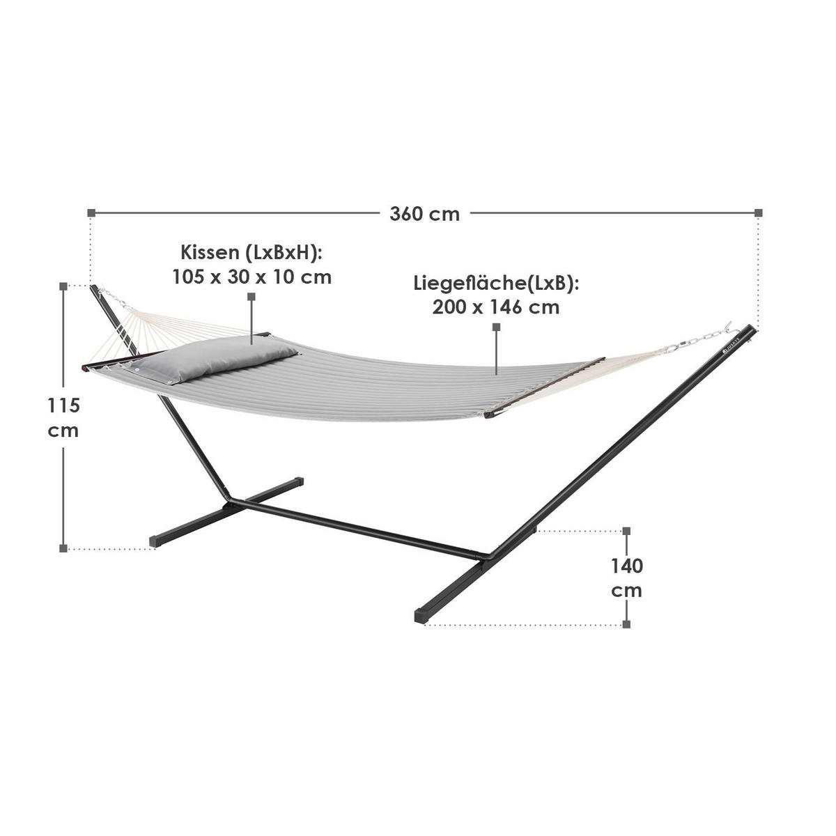 HÄNGEMATTE Cata hellgrau 360x120x115 cm inkl. Kissen - Hellgrau, Textil/Metall (140/115/360cm) - Juskys