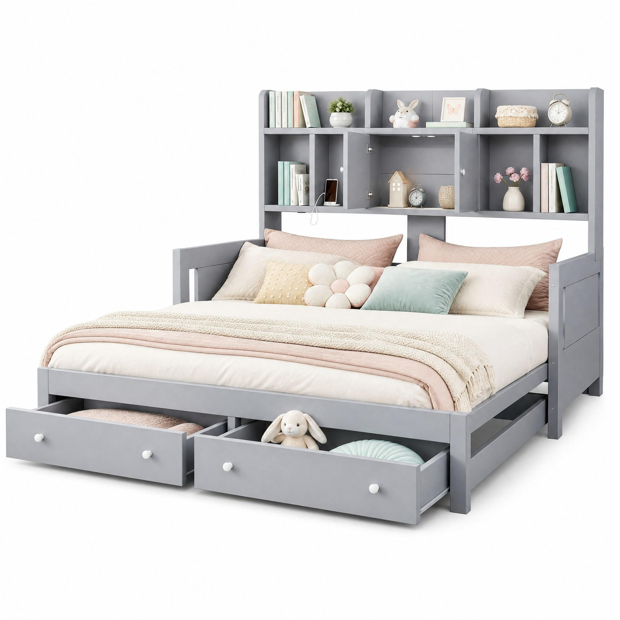 BETT 90/180×190 cm in Grau mit Stauraum, Steckdose und LED-Beleuchtung - Grau, Holz (180/190cm) - Flora Grace