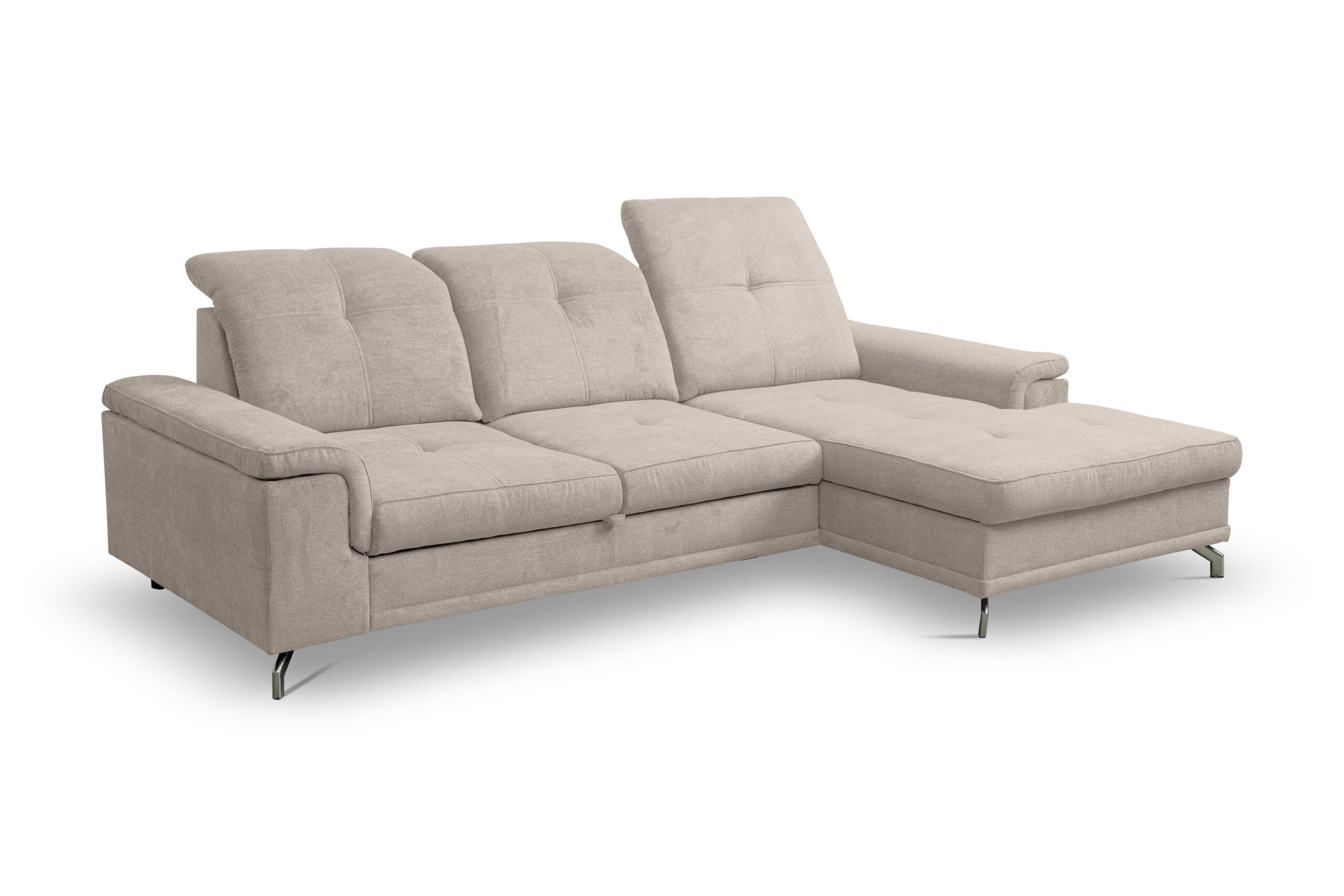 ECKSOFA PANAMA mit Schlaffunktion und Bettkasten, Farbe: Beige, Velourstoff, Ottomane Rechts - Beige, Textil (270/180cm) - VENASI MÖBEL