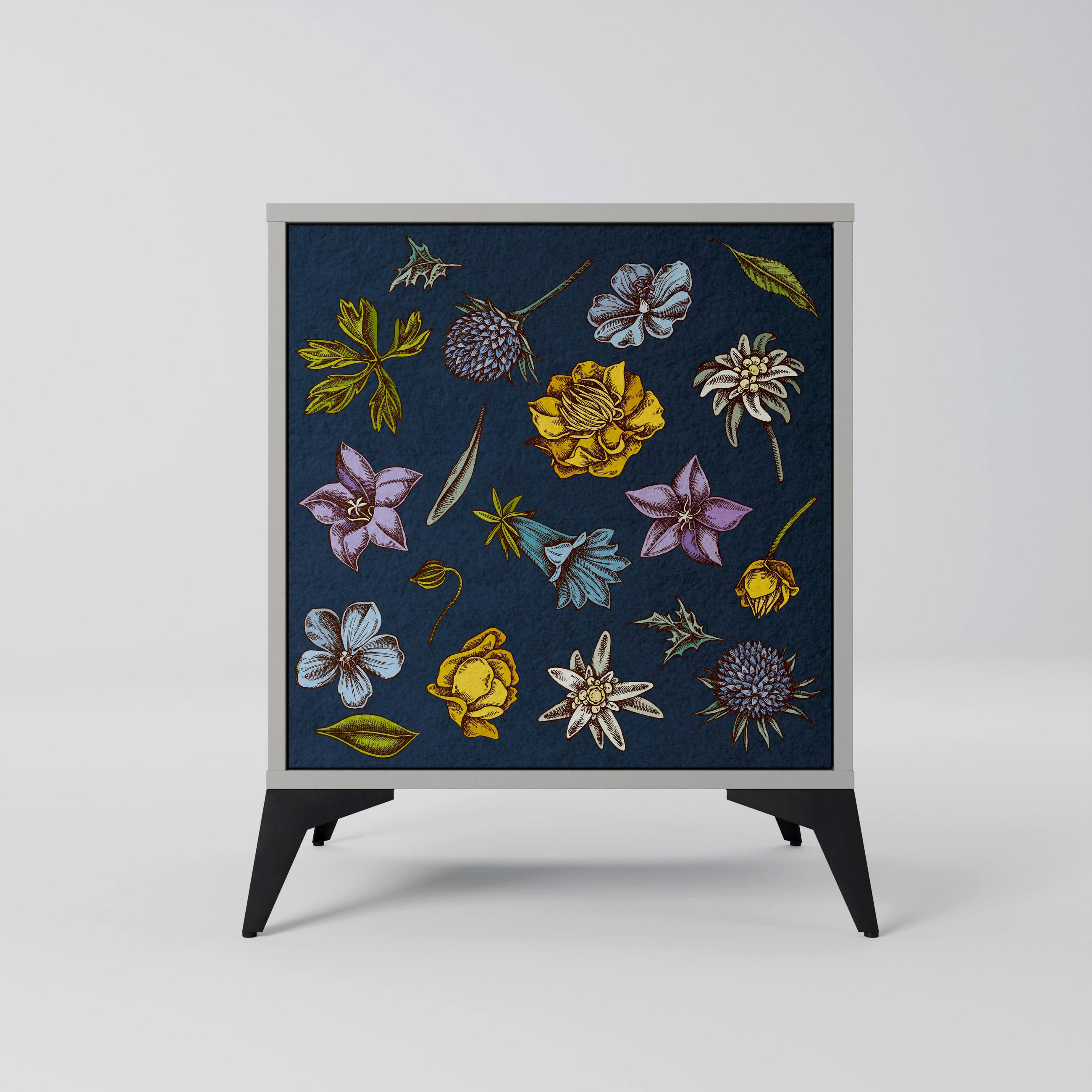 SIDEBOARD FLOWERS ON NAVY BLUE, Grau, 57,5x42x70,5 cm, Schwarze Metall-Sternfüße - Multicolor/Schwarz, Holzwerkstoff/Metall (57.5/70.5/42cm) - SpaceRebels