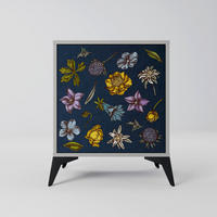 SIDEBOARD FLOWERS ON NAVY BLUE, Grau, 57,5x42x70,5 cm, Schwarze Metall-Sternfüße - Multicolor/Schwarz, Holzwerkstoff/Metall (57.5/70.5/42cm) - SpaceRebels