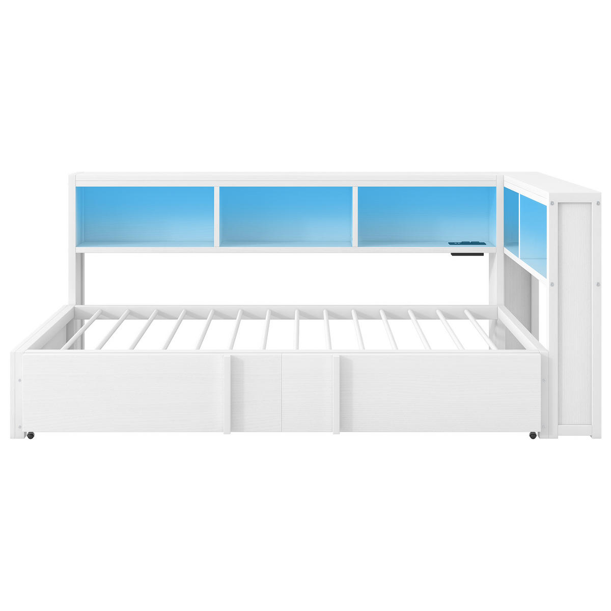 METALLBETT 90/200 cm in Weiß mit Ausziehbett, LED, USB und Stauraum - Weiß, Holzwerkstoff/Metall (90/200cm) - CHICFURN
