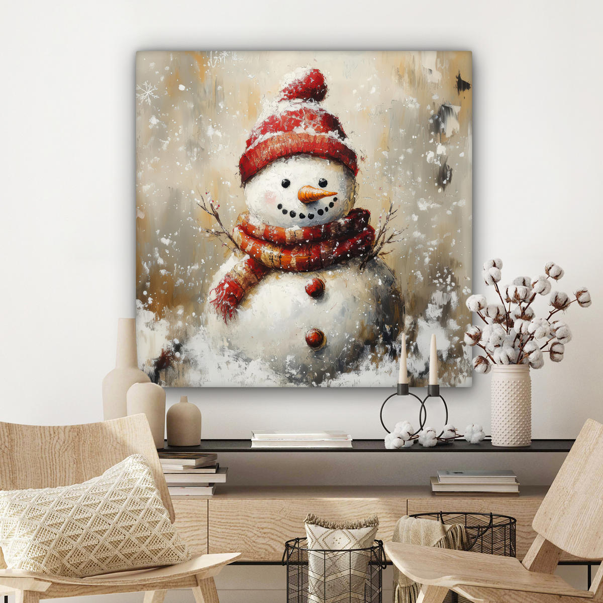 LEINWANDBILD Schneemann - Winter - Schnee - Beige Deko Groß 90x90 cm - Weiß, Textil (90/90cm) - MuchoWow