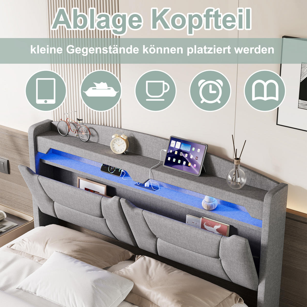 POLSTERBETT 140x190 cm Hellgrau Leinen LED USB Kopfteil Bettkasten - Grau, Holz (140/190cm) - SHOPENTRA
