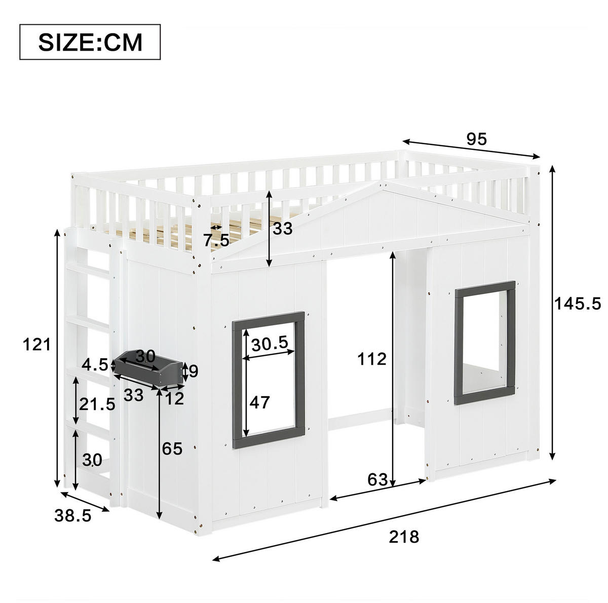 HOCHBETT 90/200 cm in Weiß mit Treppe, Fallschutz und Fensterdesign - Weiß, Holzwerkstoff (90/200cm) - Flora Grace