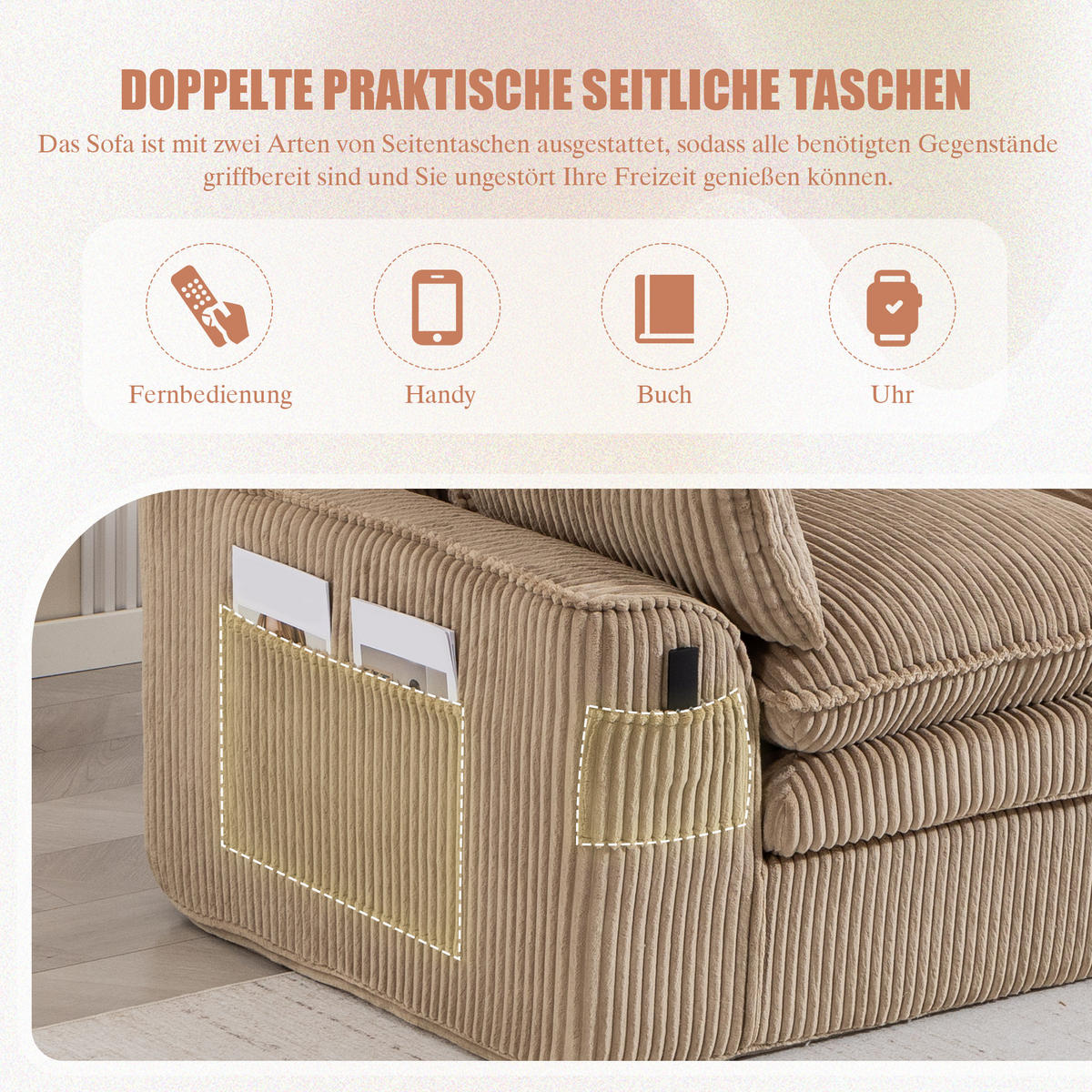 3-SITZER ECKSOFA Cord Khaki mit Hocker und Kissen - Hellbraun, Textil (263/167cm) - WISHDOR