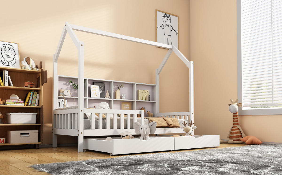 HAUSBETT 90/200 cm in Weiß mit 2 Schubladen, Regal und Rausfallschutz Kiefer - Weiß, Holz (90/200cm) - CHICFURN