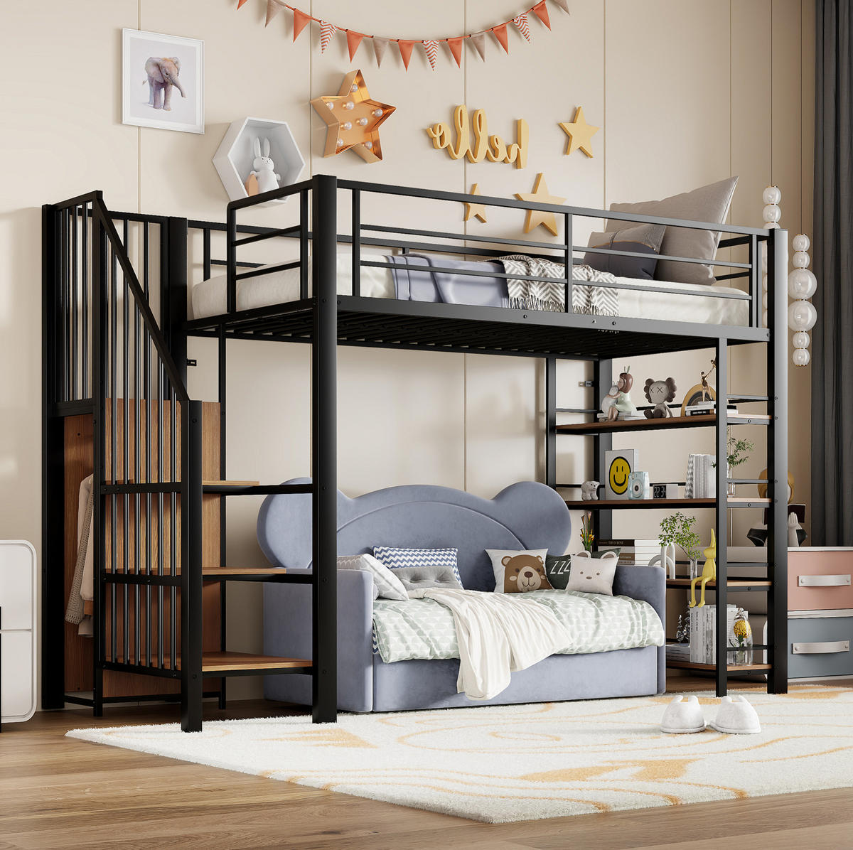 HOCHBETT 90/200 cm aus Metall mit Stauraum und Kleiderschrank in Schwarz - Schwarz, Metall (90/200cm) - Flora Grace