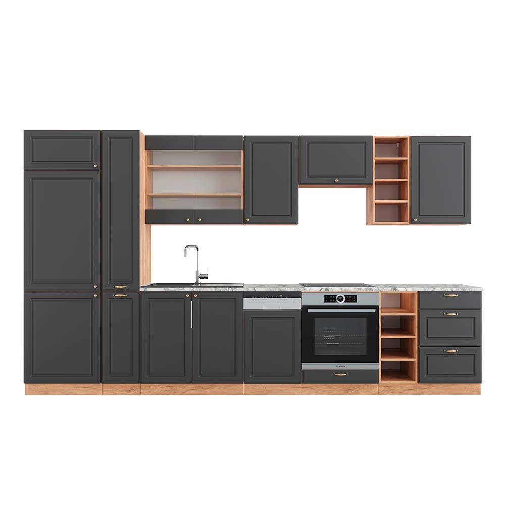 KÜCHENZEILE Fame-Line Anthrazit Landhaus/Goldkraft Eiche 355 cm AP Marmor - Dunkelgrau/Eiche Wotan, Holzwerkstoff (355/81.6/60cm) - Vicco