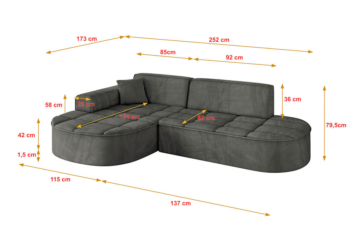 ECKSOFA Ottomane Links LIVO-L1 - 252x173x79,5 cm Dunkelgrau - Dunkelgrau, Holzwerkstoff/Textil (252/173cm) - ALTDECOR