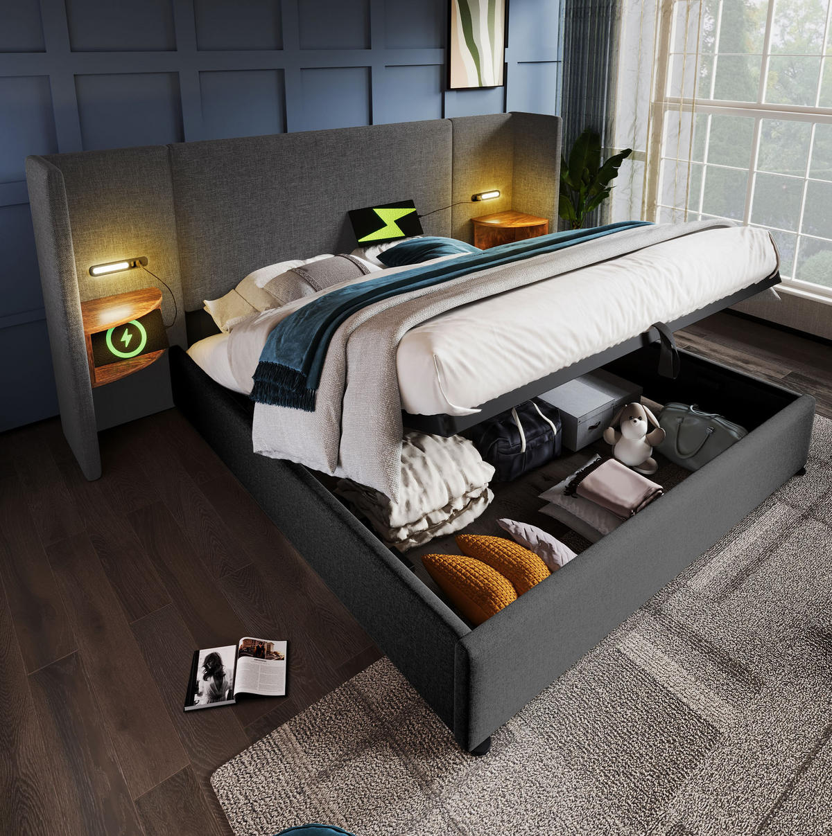 POLSTERBETT 160/200 cm Grau mit Nachttisch und USB-Ladefunktion - Grau, Textil (160/200cm) - OKWISH