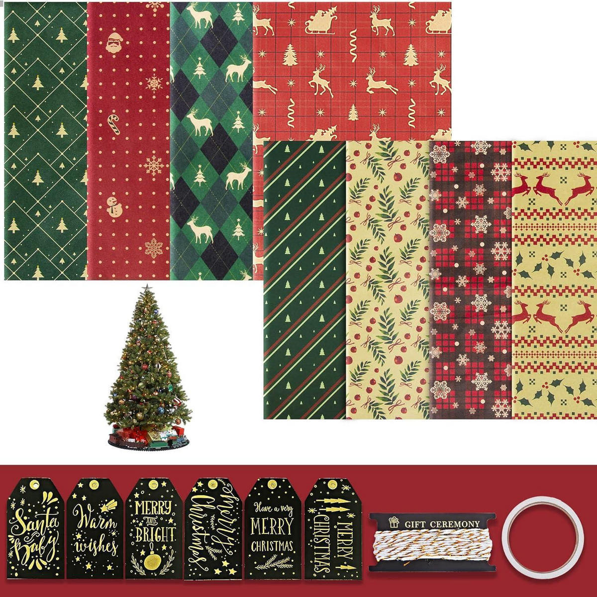 GESCHENKPAPIER Set 8 Blatt mit Anhänger und Packseil 70 x 50 cm - Multicolor, Papier (50/1/70cm)