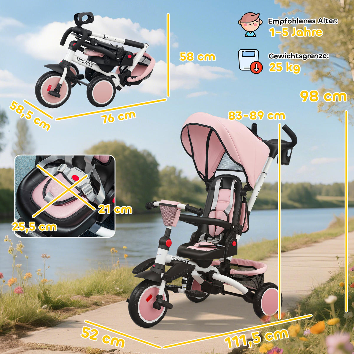 KINDERDREIRAD DE-10488 6-in-1 Buggy mit Schiebegriff Schwarz - Pink, Metall (111.5/52/98cm) - ComfortXL
