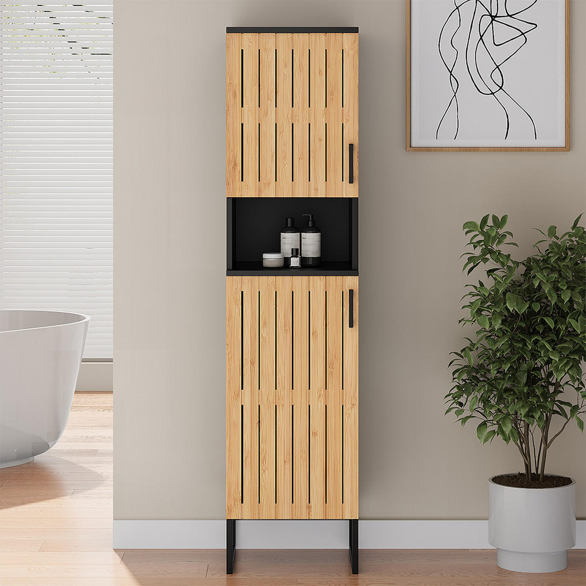 BADSCHRANK Vayra Bambus 35 x 145 cm - Schwarz/Grün, Holzwerkstoff (35/145/31.5cm) - Vicco