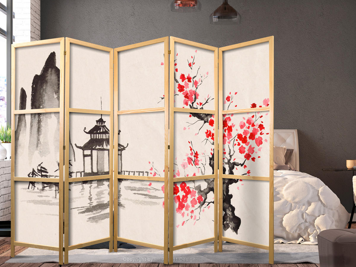 PARAVENT Japanischer 5-tlg 225x172 cm Aquarell Sakura Tempel - Beige, Holz/Textil (225/172/3cm) - Muralo
