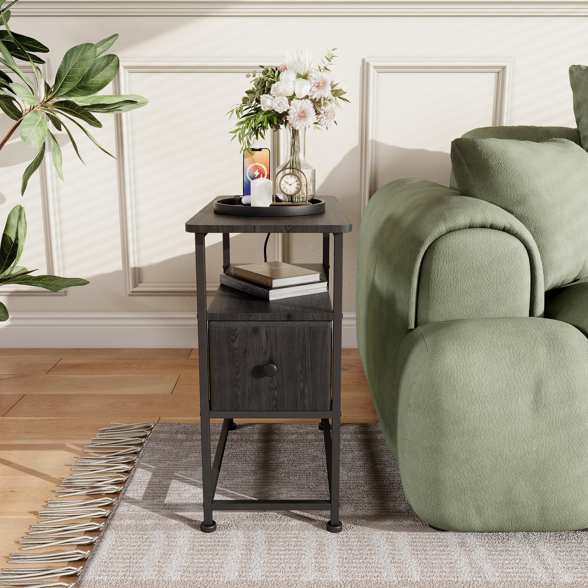NACHTTISCH Schwarz 60/30/62 cm mit Ladefunktion und Schublade, moderner Nachtschrank - Schwarz, Textil/Metall (30/62/60cm) - PARAFTA HOME