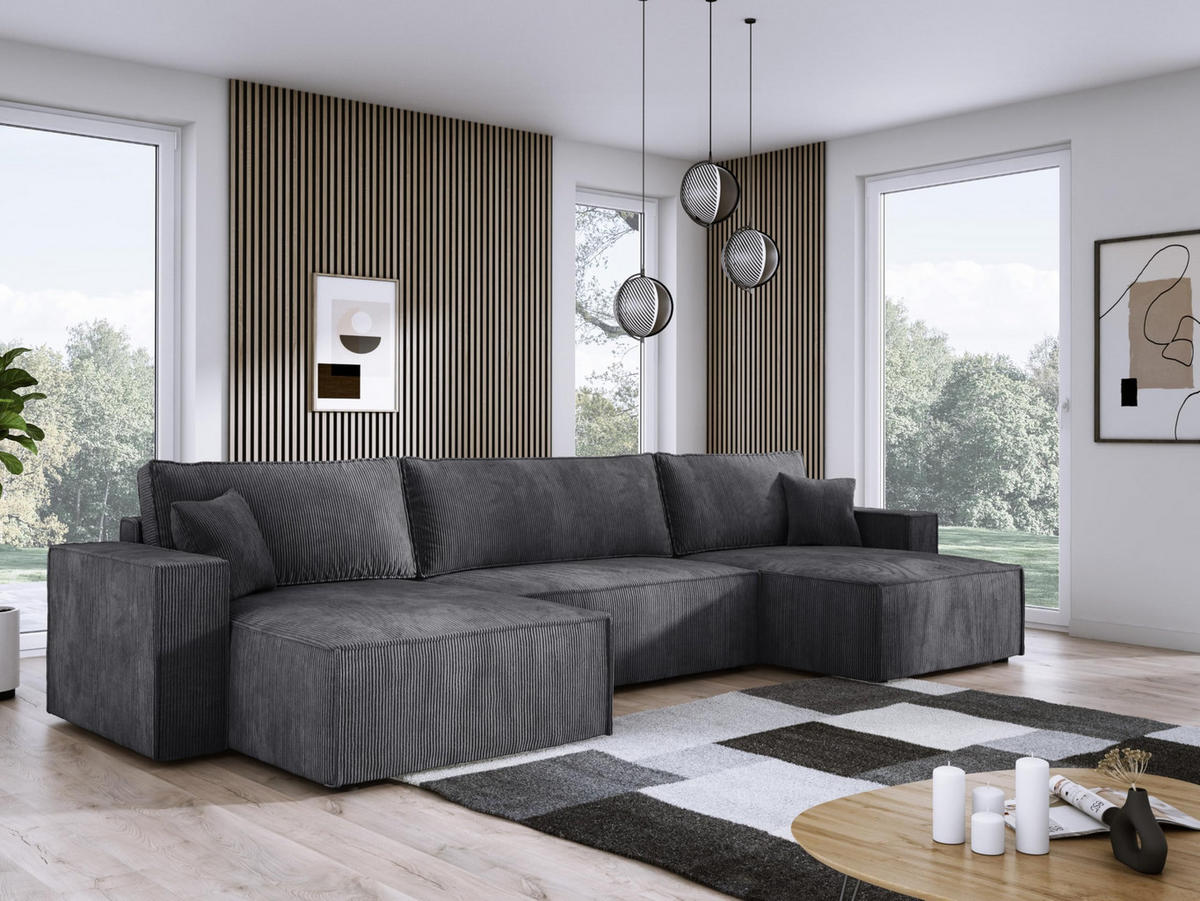 ECKSOFA Poso XXL U-förm, Schlaffunktion, weiche Kissen, Bettkasten, hochwertige Polsterung, lose Rückenkissen, freistehend, 377x143x83 cm Graphite - Graphitfarben, Holz/Textil (377/83/143cm) - DomoHome