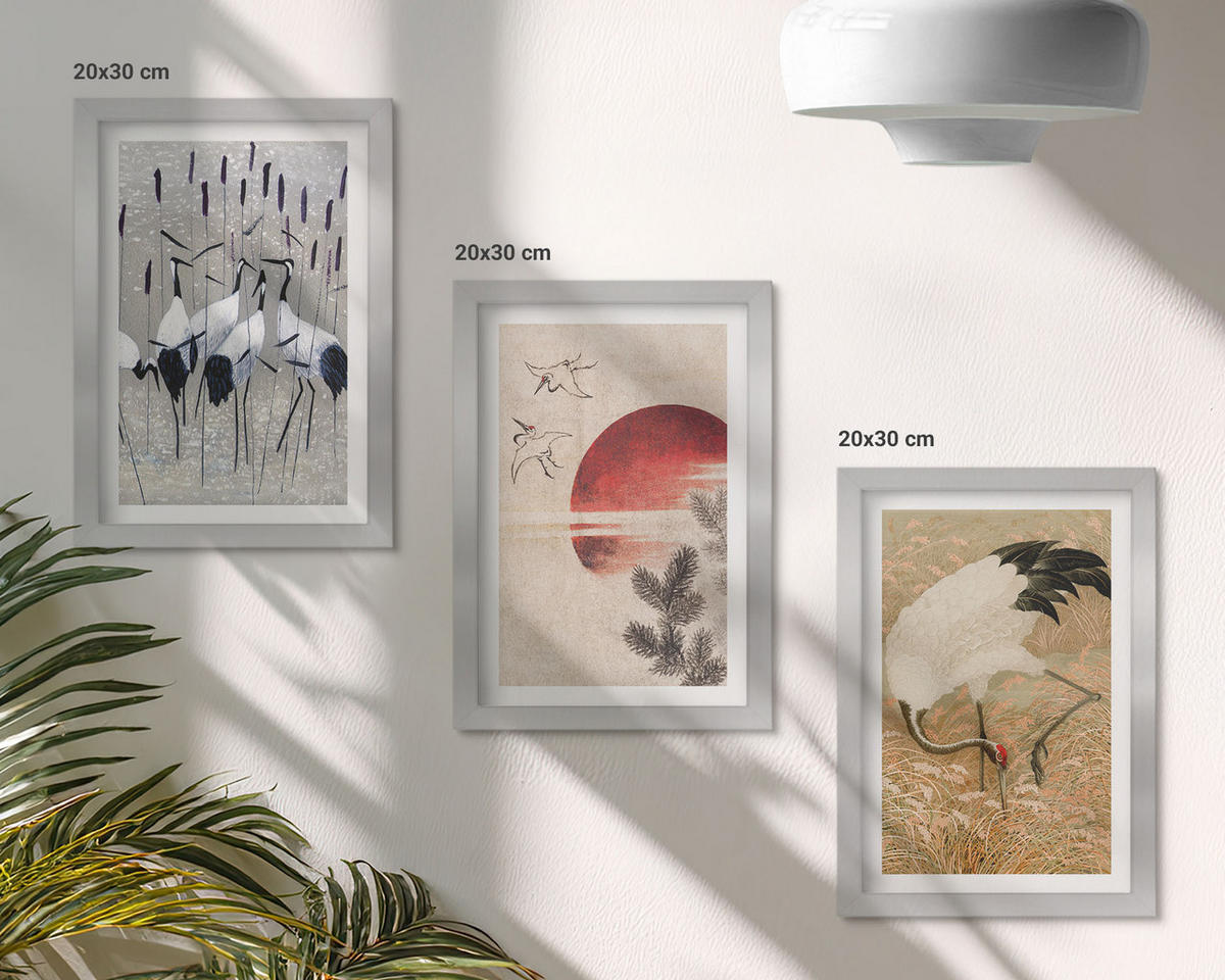BILDER SET 3er Set - 20x30 cm Silberner Rahmen - Japanische Kraniche Landschaft - Silberfarben, Kunststoff (20/30cm) - TULUP