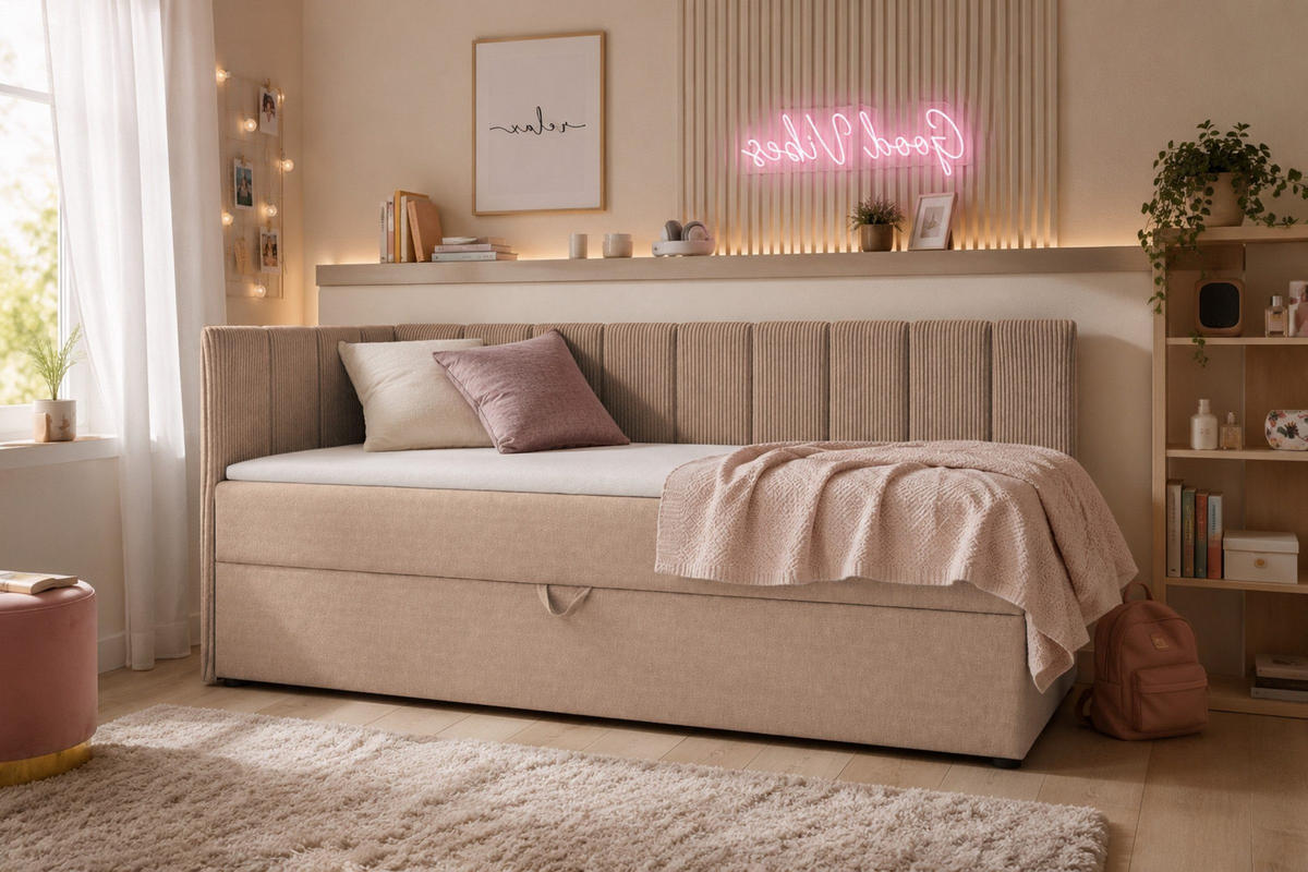 BOXBETT VIGO 100/200 cm in Cord/Velours Beige H3 links - Beige, Holz/Holzwerkstoff (100/200cm) - Deine Möbel 24