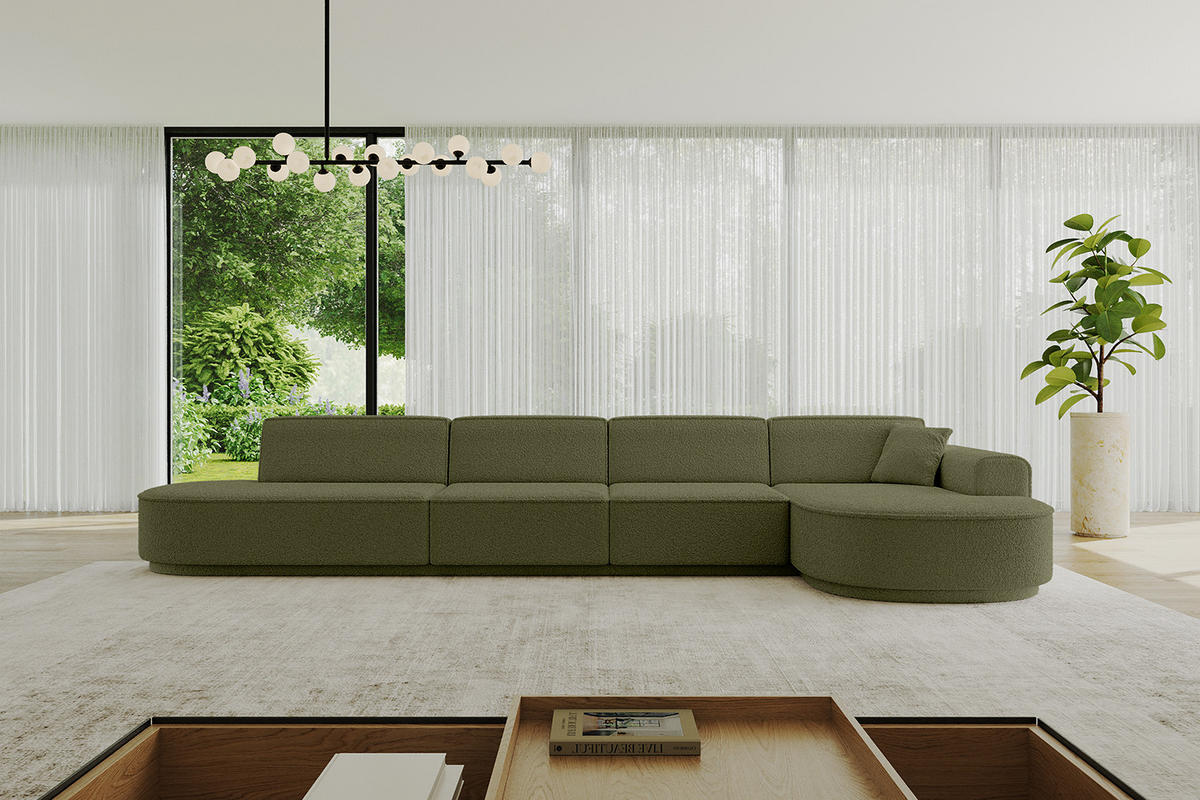 ECKSOFA Ottomane Rechts MARI-L3-v3 - 413x171x83 cm Grün Bouclé - Schwarz/Grün, Holzwerkstoff/Kunststoff (171/413cm) - ALTDECOR