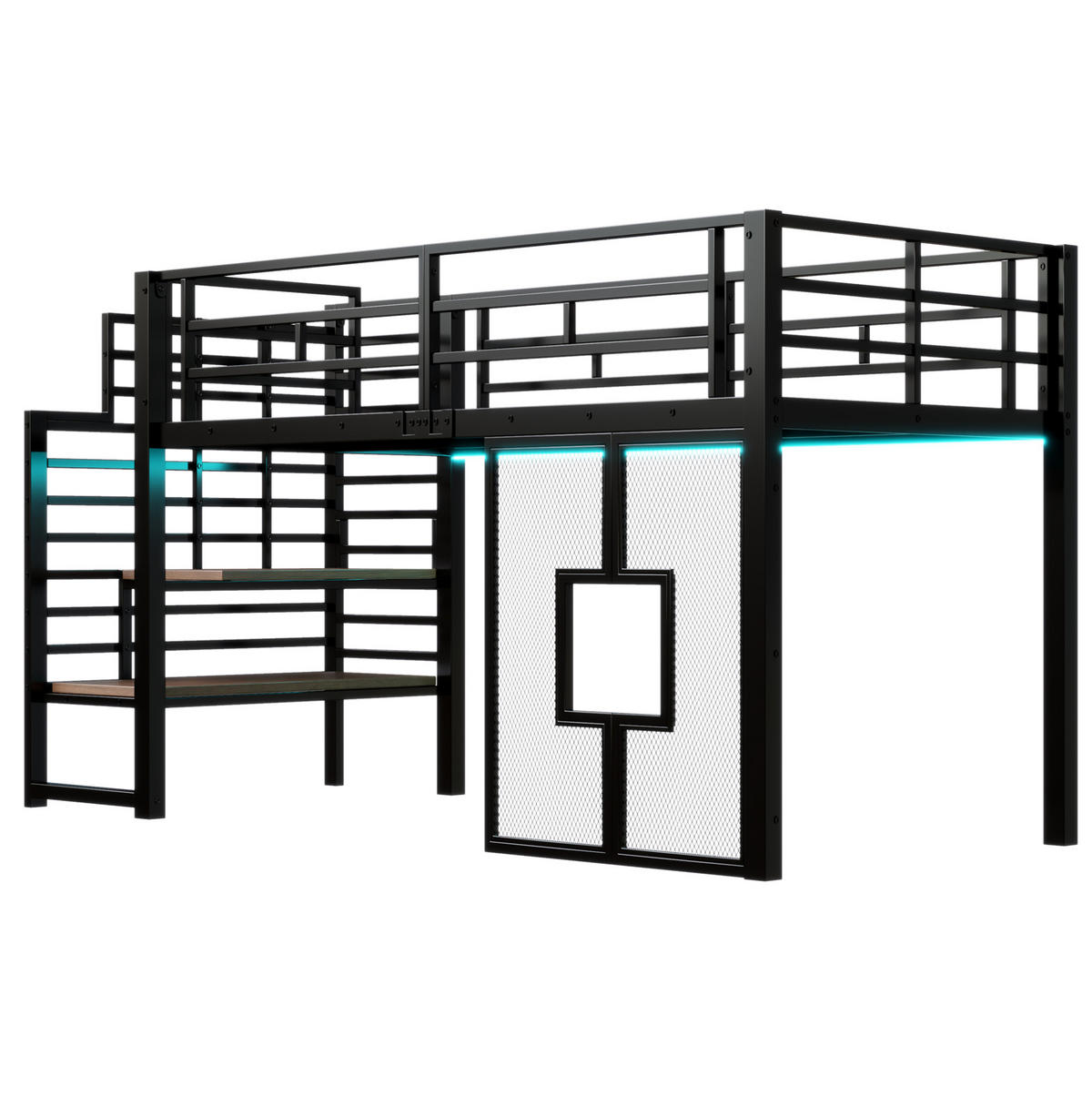 HOCHBETT 90x200 cm in Schwarz mit Stauraumtreppe, LED-Beleuchtung und Fenstern - Schwarz, Metall (90/200cm) - IVMEU
