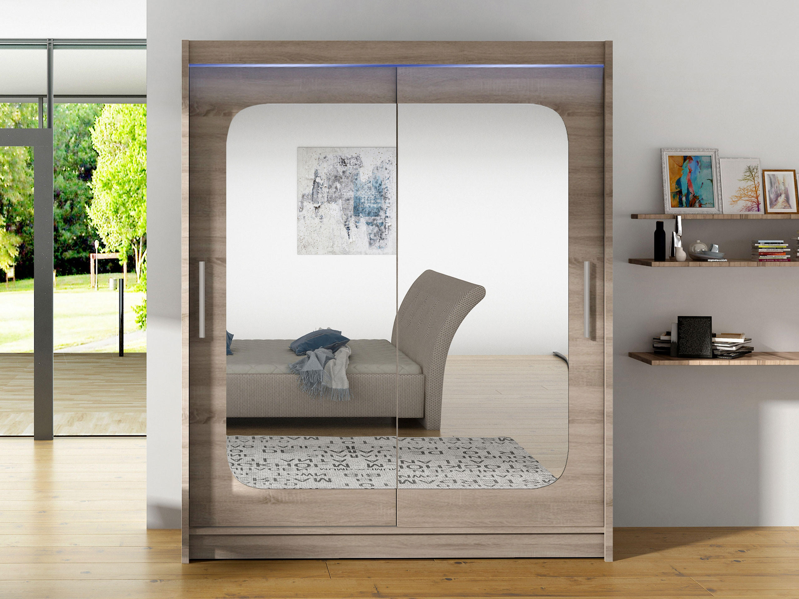 SCHWEBETÜRENSCHRANK Westa XII, mit RGB LED Beleuchtung - Silberfarben/Trüffeleichefarben, Holzwerkstoff/Metall (150/200/58cm) - MIRJAN24