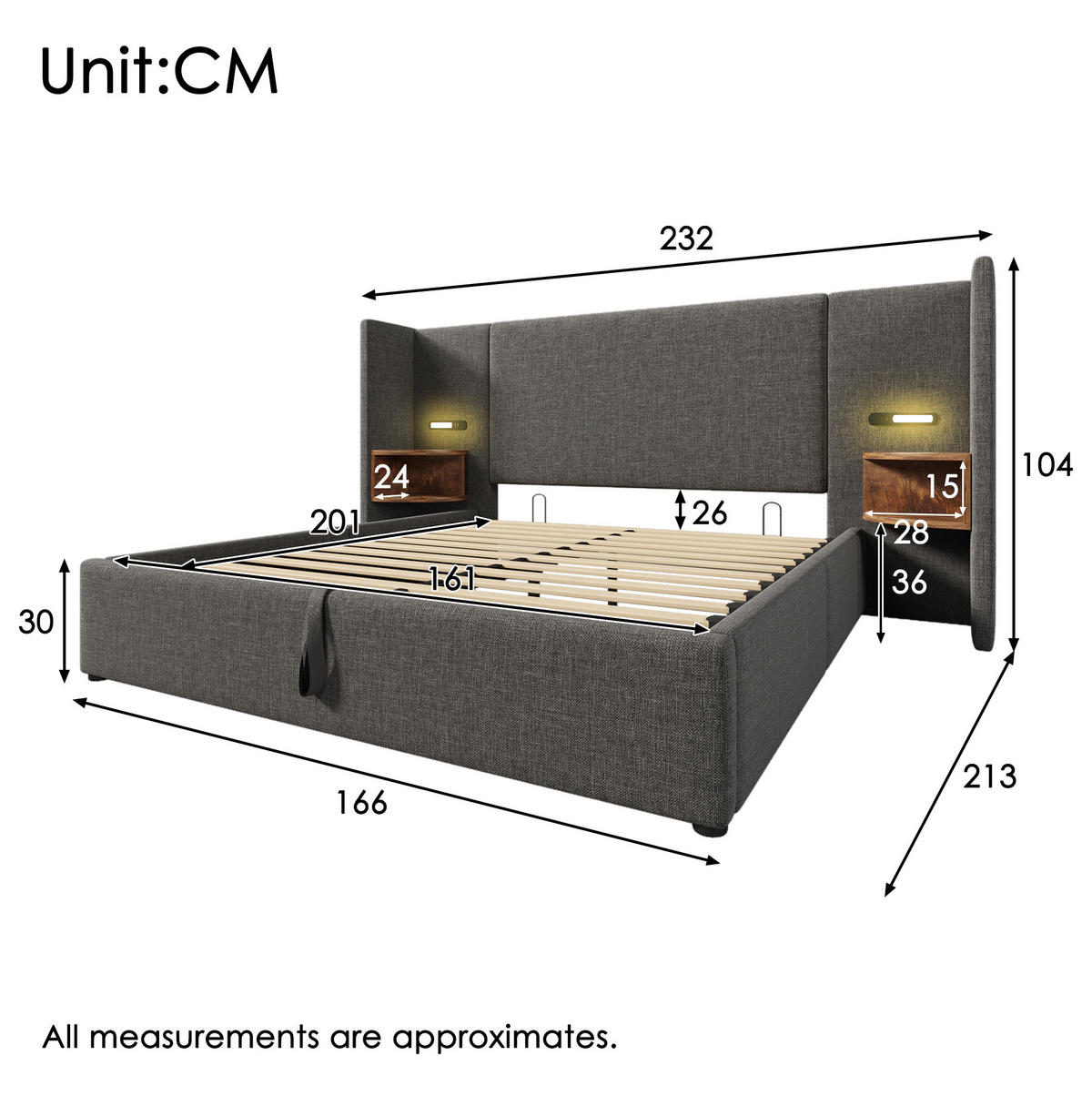 BETT mit Stauraum 160x200 cm Leinen Grau mit USB und Leselampe - Grau, Metall (160/200cm) - Meubliv