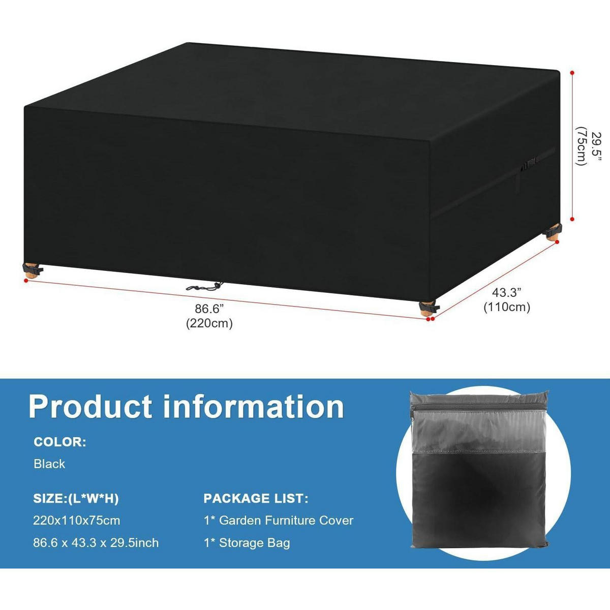 ABDECKHAUBE Gartenmöbel 220 x 110 x 75 cm Wasserdicht 420D Oxford - Schwarz, Textil (1/1/1cm)