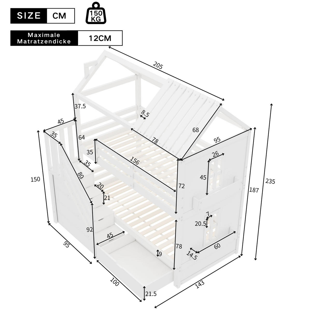 HAUSBETT 90/200 cm in Weiß mit Stauraumtreppe, Schubladen und Regalen - Weiß, Holz (90/200cm) - Flora Grace
