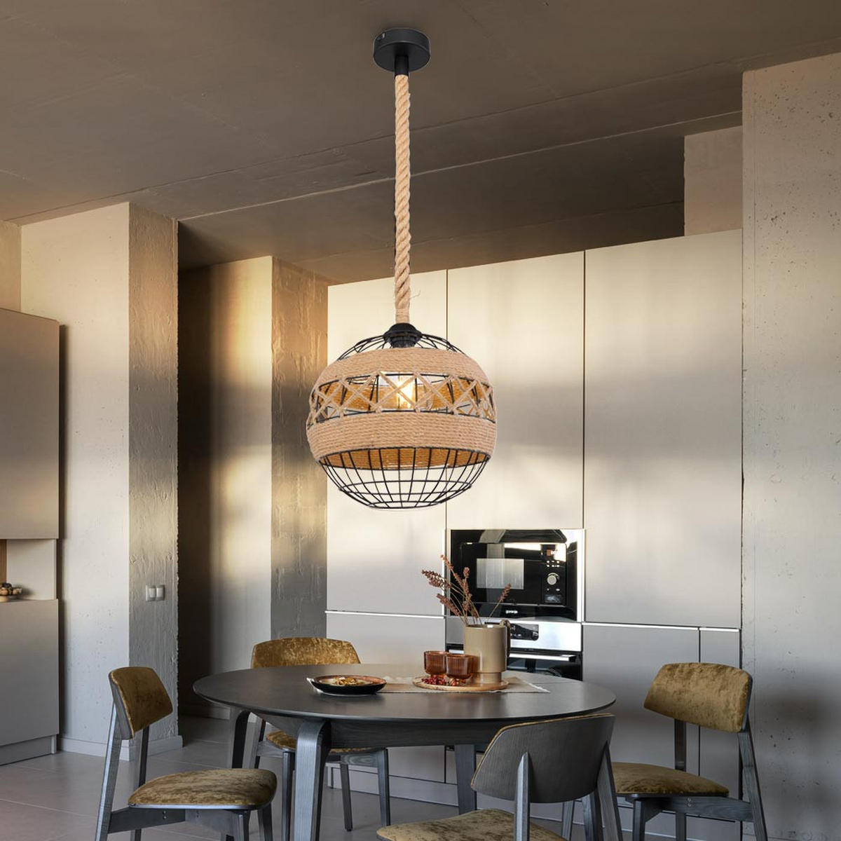 HÄNGELEUCHTE Hanfseil Schwarz Gitteroptik - Schwarz, Metall (30/30/120cm) - Globo Lighting