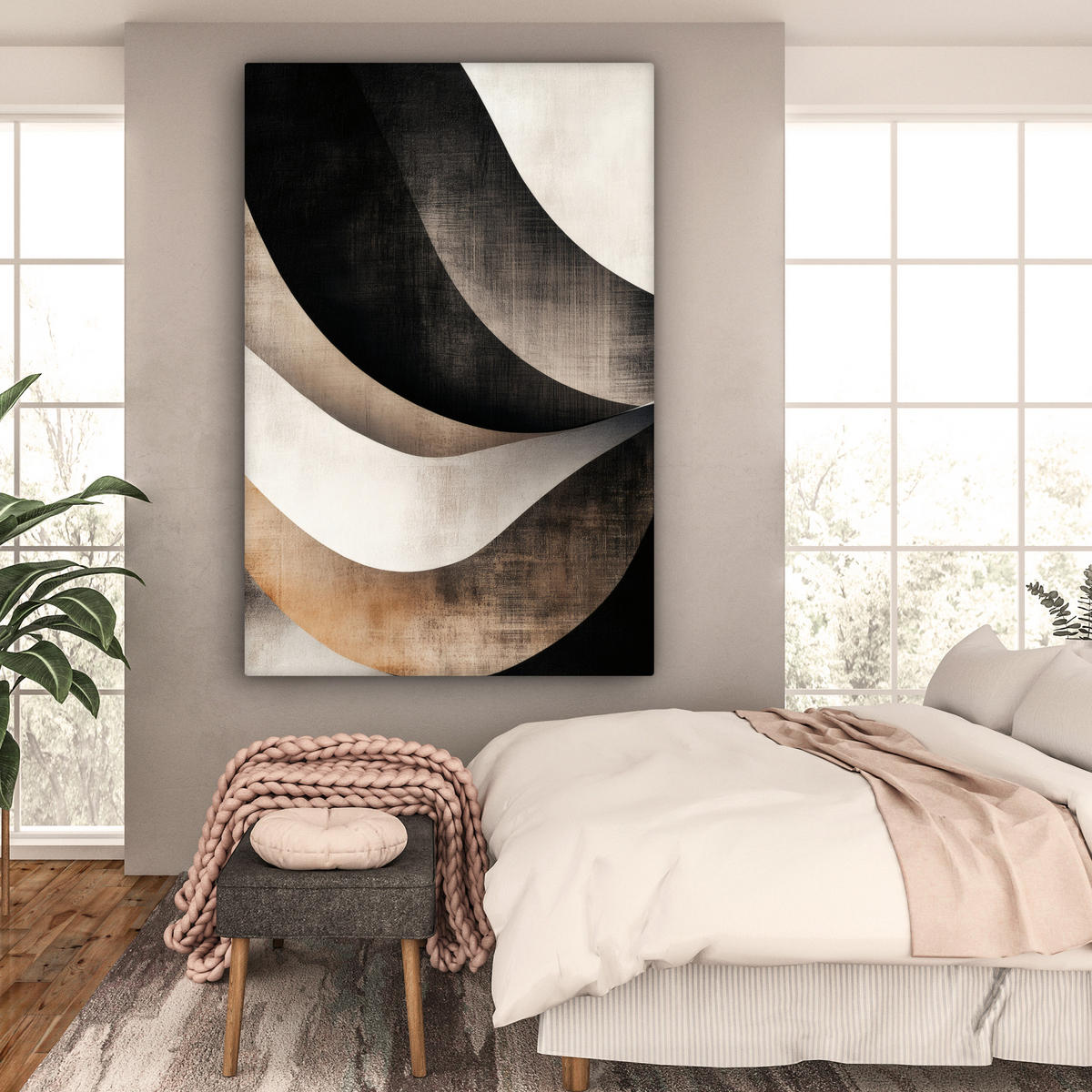 SLIKA NA PLATNU Abstraktno 90x140 cm - barva hrasta tartuf, tekstil (90/140cm) - MuchoWow