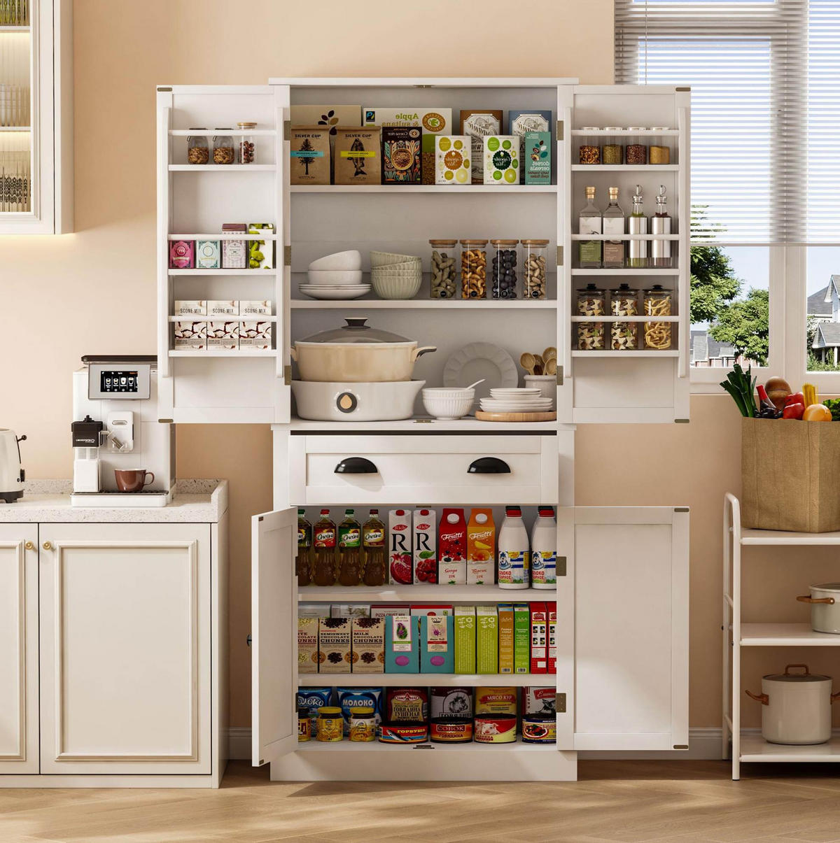 BUFFETSCHRANK, Vorratsschrank mit 4 Türen & 1 Schublade, 4 verstellbare Einlegeböden, Holzwerkstoff, 80/40/182 cm, Weiß - Weiß, Holzwerkstoff (80/182/40cm) - Modfu