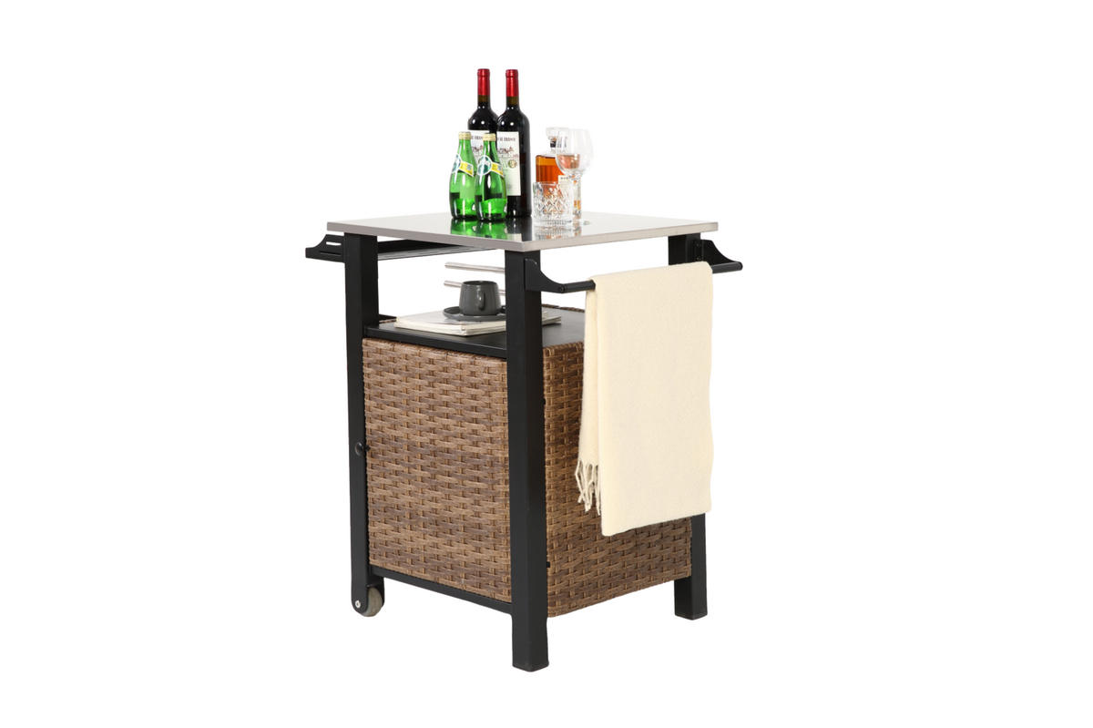 KÜCHENINSEL 76/57/85 cm aus Stahl und Polyrattan mit Edelstahl-Arbeitsplatte Braun - Braun, Metall (57/85/76cm) - Modenvie