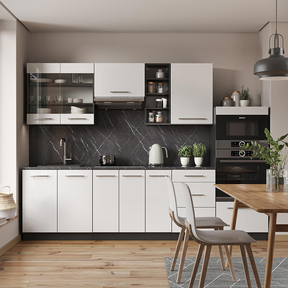 KÜCHENZEILE Fame-Line Weiß Hochglanz/Anthrazit 280 cm, AP Eiche - Weiß Hochglanz/Anthrazit, Holzwerkstoff (280/81.6/60cm) - Vicco