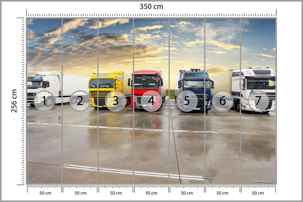 FOTOTAPETE für Wohnzimmer Lastwagen Parken Sonnenuntergang 350x256 - Gelb/Rot, Papier (350/256cm) - Muralo