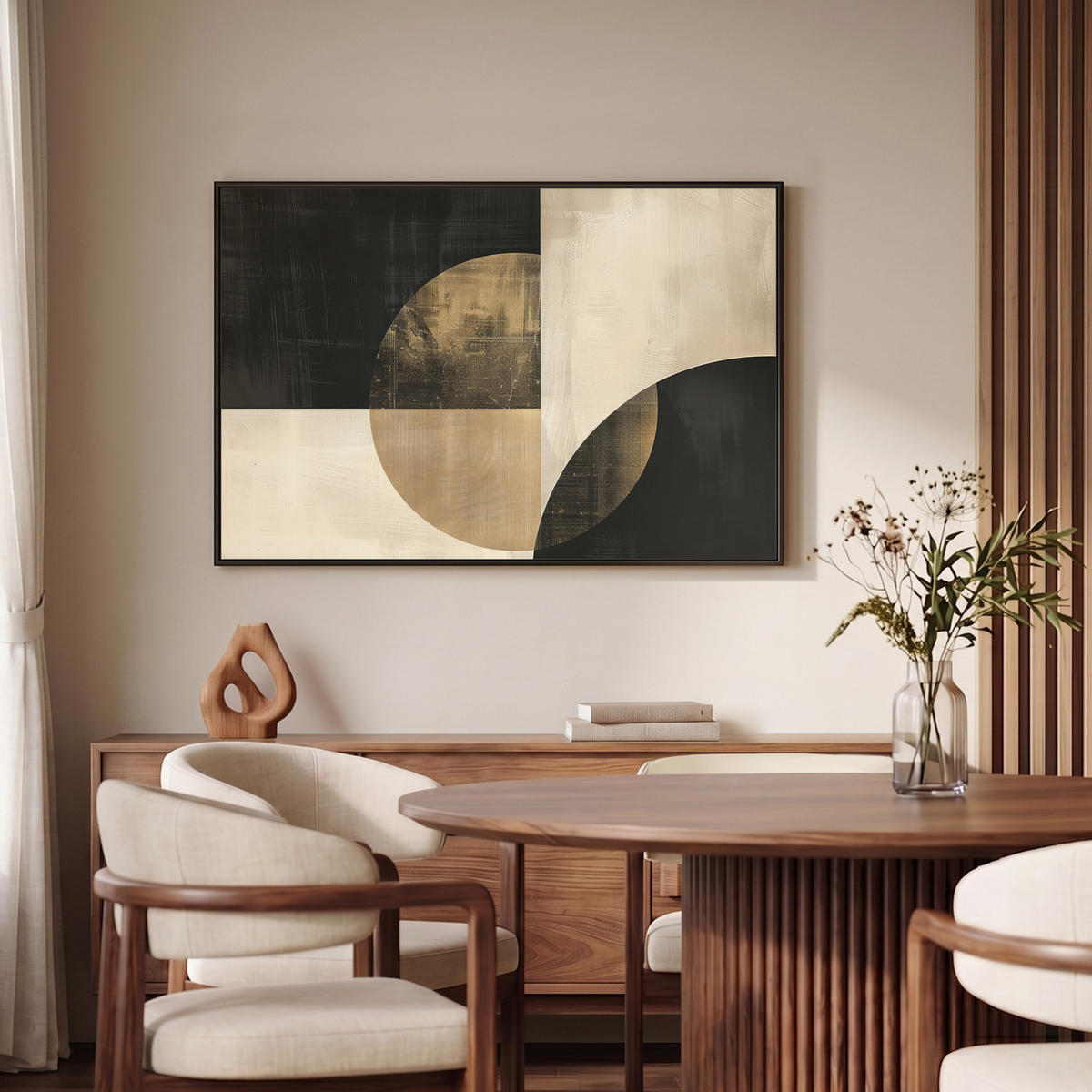 LEINWAND Bilder mit Rahmen - Abstrakt - Geometrische Formen - Schwarz - Gold - 90x60 - Ecru, Textil (90/60cm) - MuchoWow