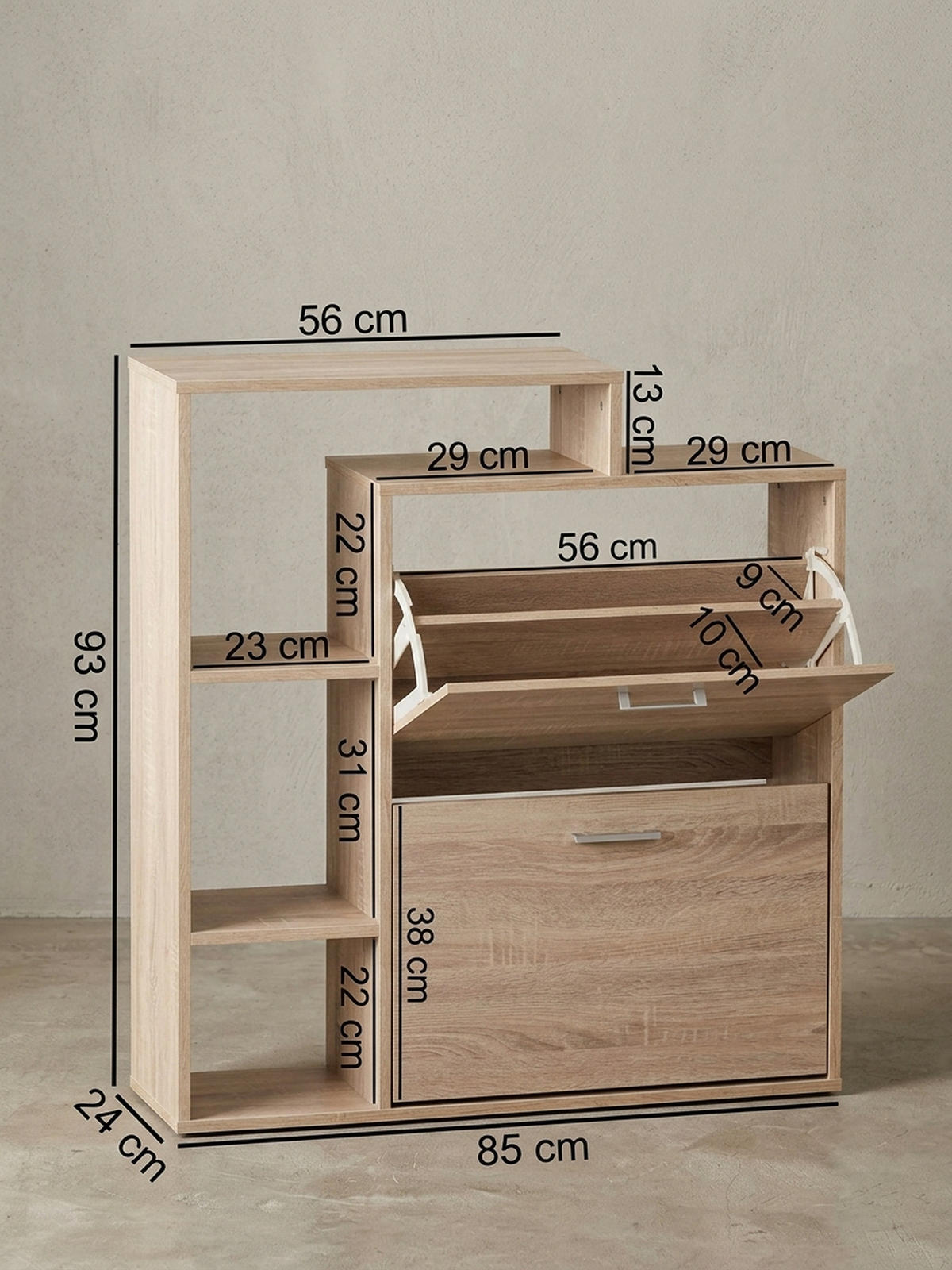 SCHUHKIPPER – Sonoma Eiche, für ca. 12 Paar Schuhe, MDF-Holz - Beige, Holz (85/93/24cm) - KADIMA DESIGN