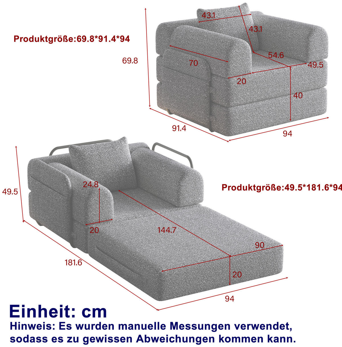 SCHLAFSOFA aus Chenille Schwarz 2-in-1 mit Armlehnen-Ablagefach und Stahlrahmen - Schwarz, Textil (94/49.5/181.6cm) - Modfu