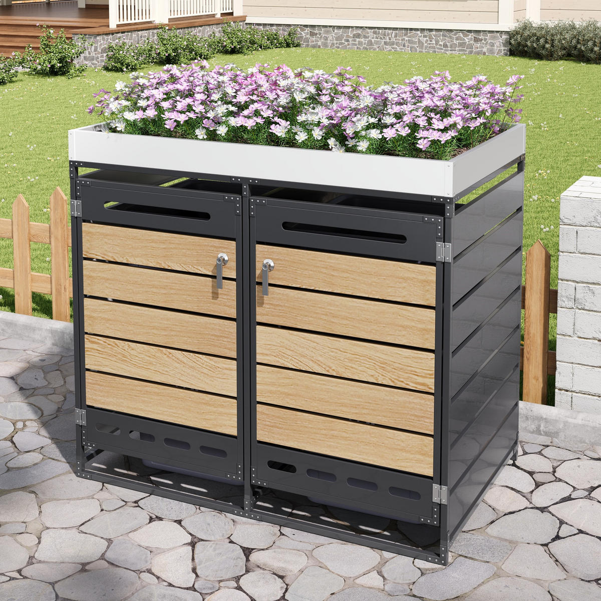 MÜLLTONNENBOX Pflanzkasten Holzoptik horizontal Schloss - Schwarz, Metall (131/120/79cm) - LEBENLANG