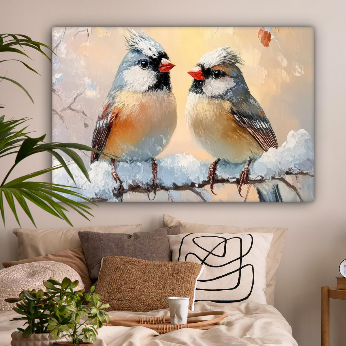 LEINWANDBILD Vögel - Zweig - Winter - Schnee XXL 150x100 cm - Pastellblau, Textil (150/100cm) - MuchoWow