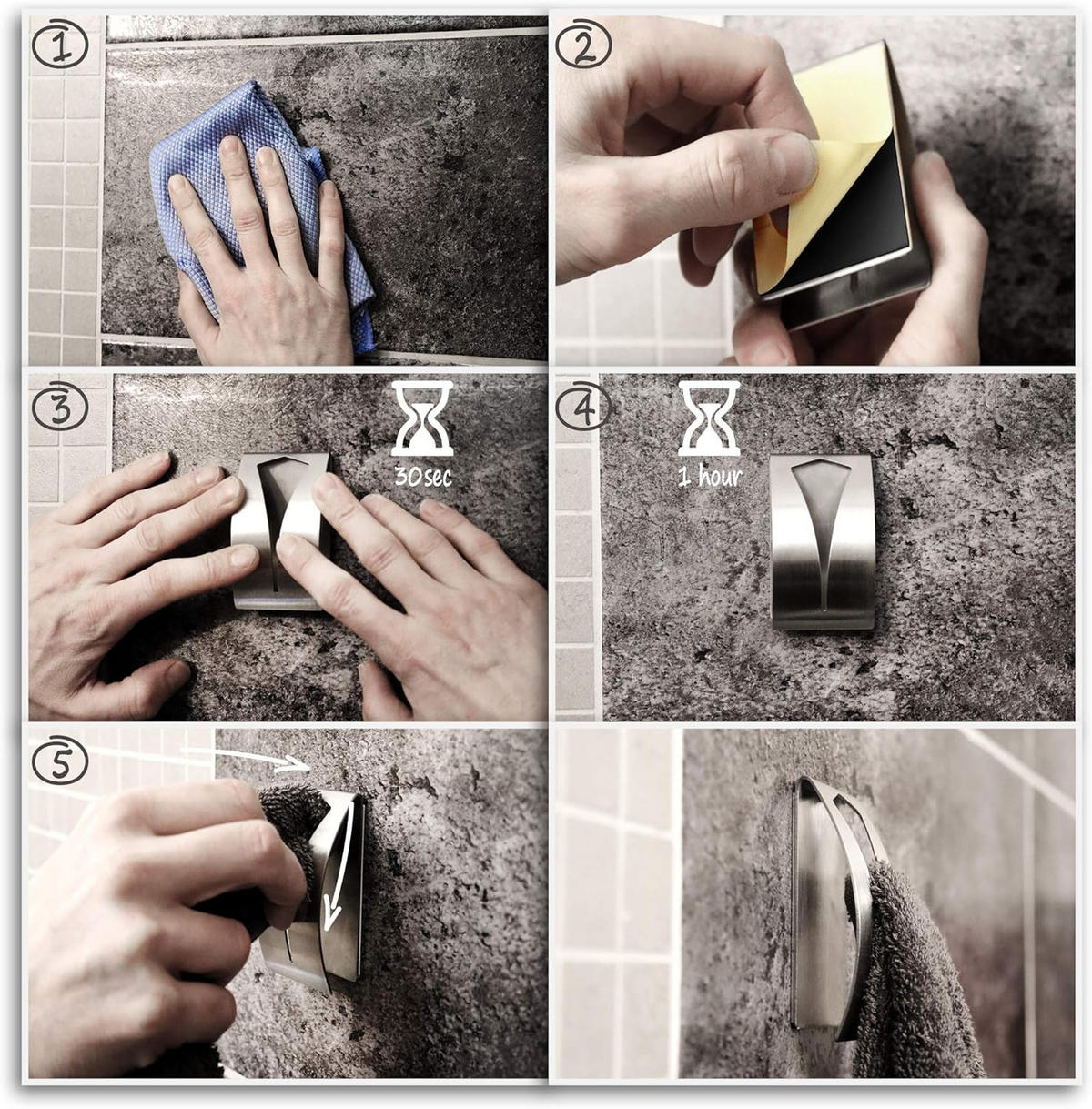 HANDTUCHHAKEN , 4 Stück selbstklebende Handtuchhaken - Silberfarben, Metall (5/2.3/7.8cm) - BELZ