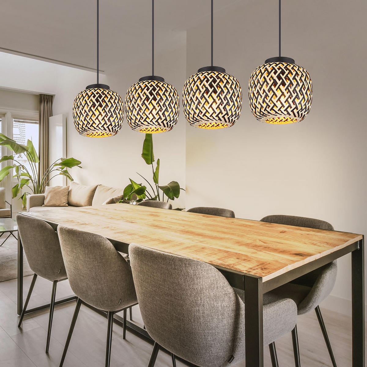 LED HÄNGELEUCHTE Metall Braun Bambus 4-flammig - Braun, Metall (100/20/120cm) - Globo Lighting