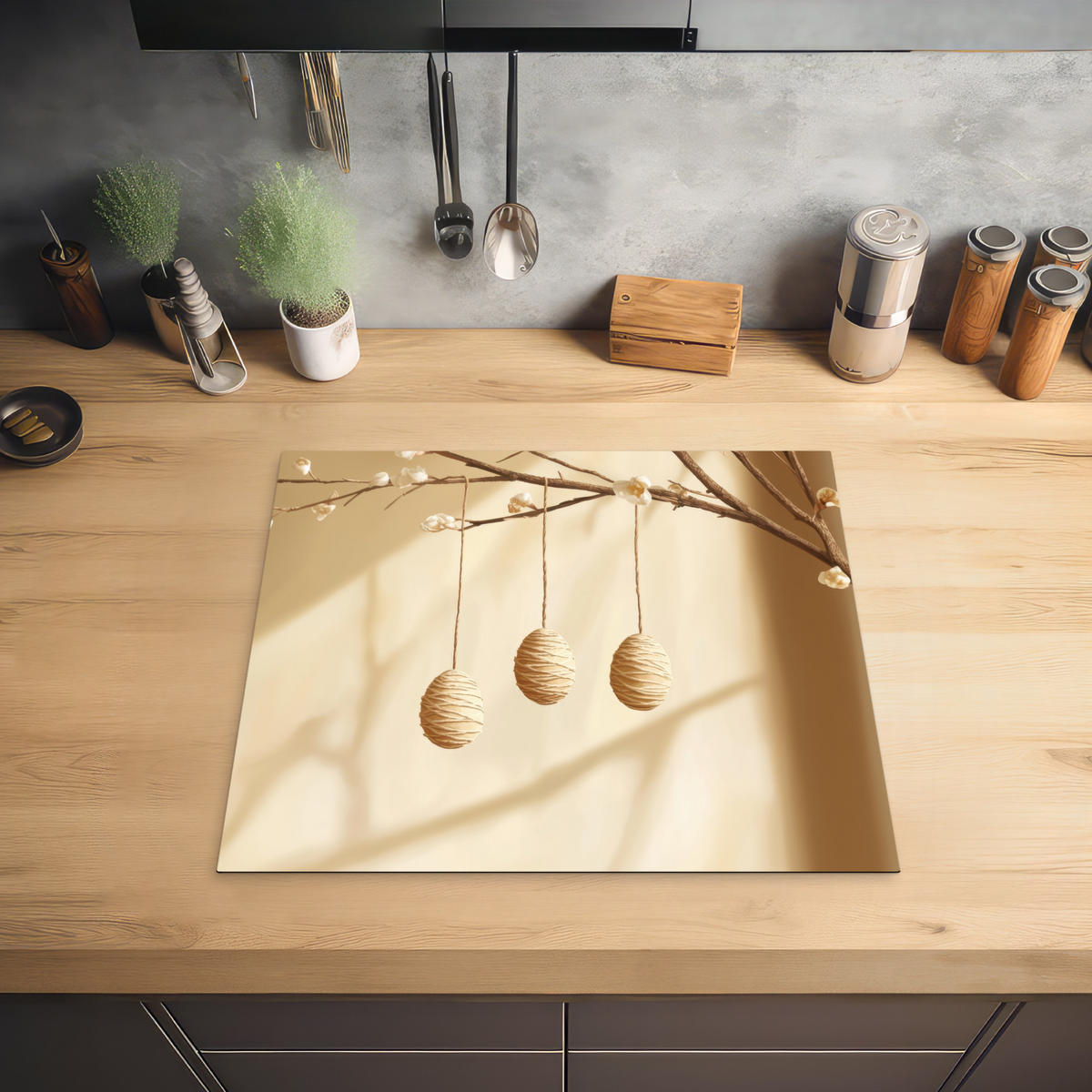 HERDABDECKPLATTE Beige - Osterkuchen - Eier Abdeckung Ceranfeld 59x51 cm - Beige, Kunststoff (59/51/0.2cm) - MuchoWow