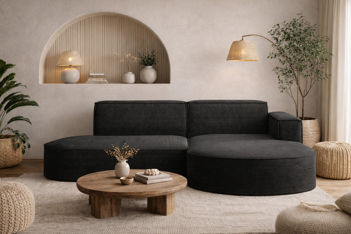 ECKSOFA Designer MODENA STUDIO, Cordstoff Poso, Schwarz, Rechts - Schwarz, Holzwerkstoff/Textil (236/165cm) - Kaiser Möbel