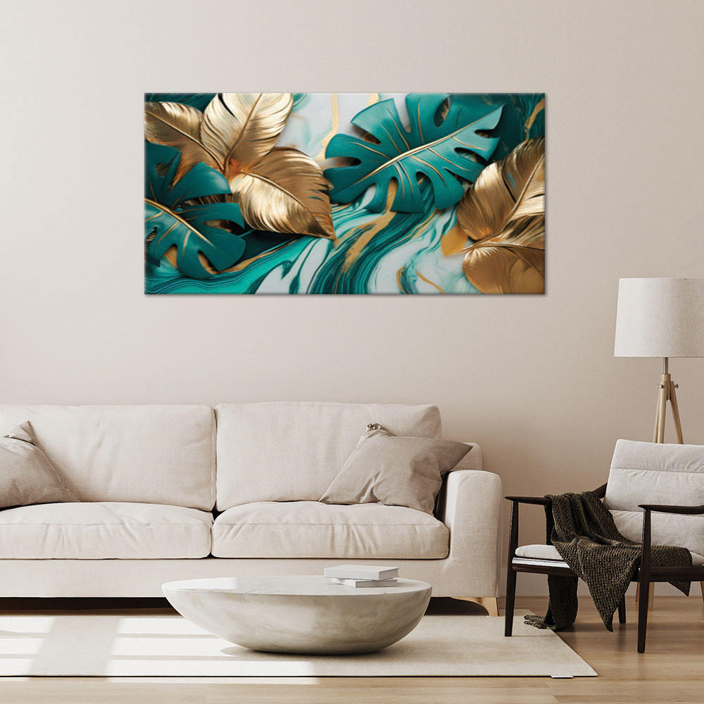 LEINWANDBILD Monstera Leaves Gold Türkis Marmor 80x40cm - Grün, Textil (80/40cm) - Feeby