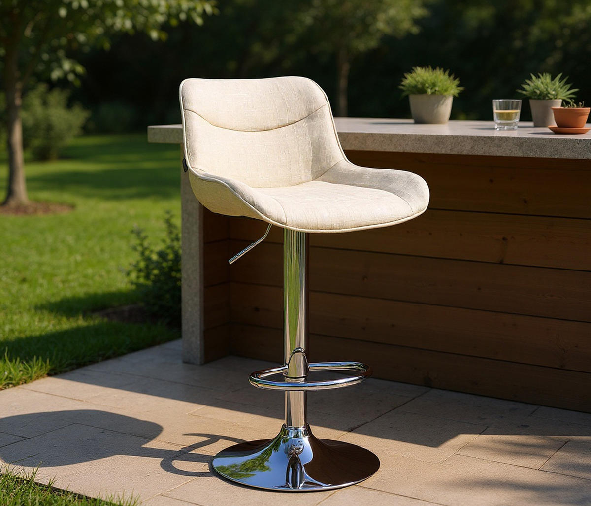 BARHOCKER 2er Set Vulcano Stoff chrom creme - Chromfarben/Naturfarben, Textil/Metall (49/106/51cm) - TPFLiving