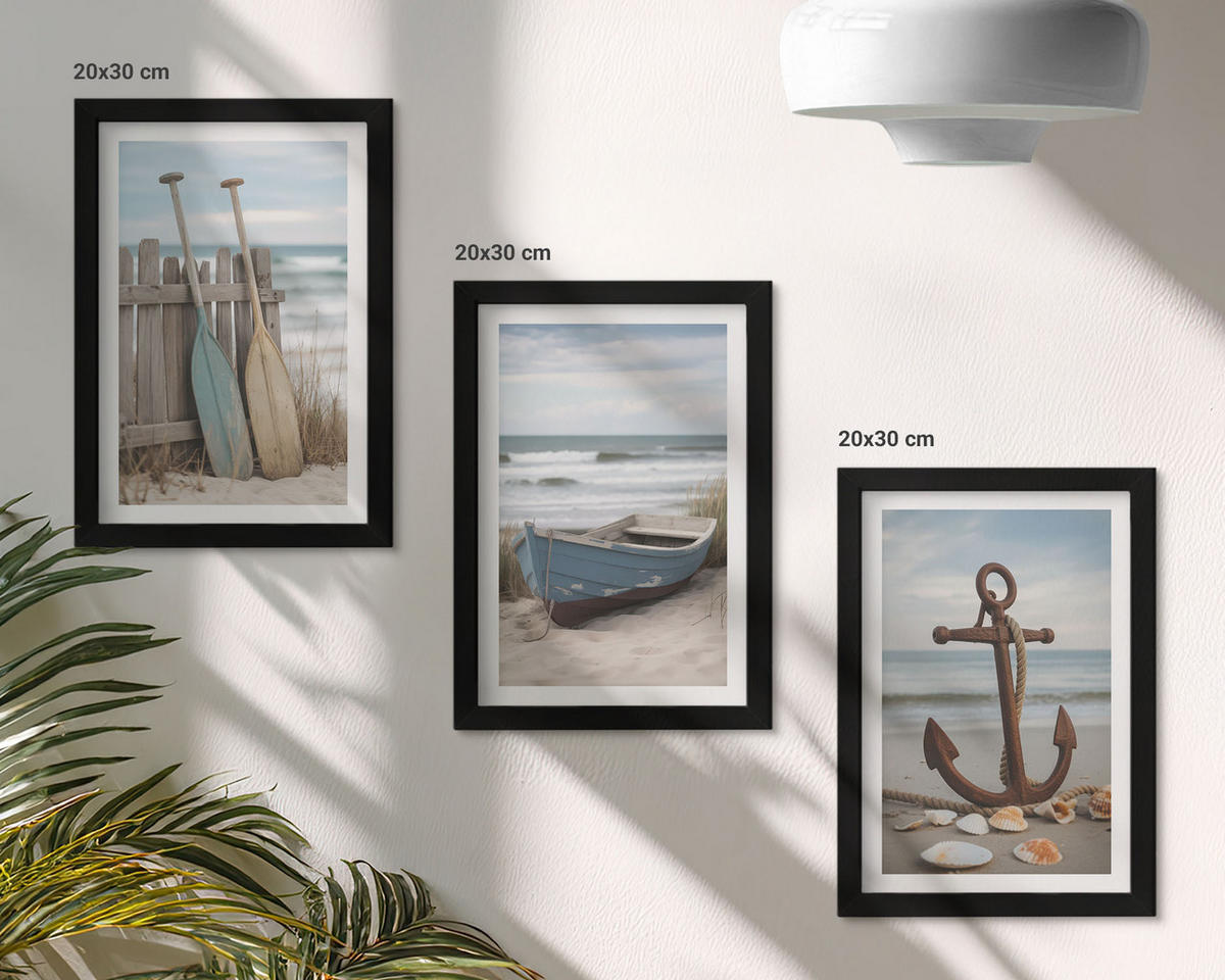 BILDER SET 3er Set - 20x30 cm Schwarzer Rahmen - Strandbootanker Sand - Schwarz, Kunststoff (20/30cm) - TULUP