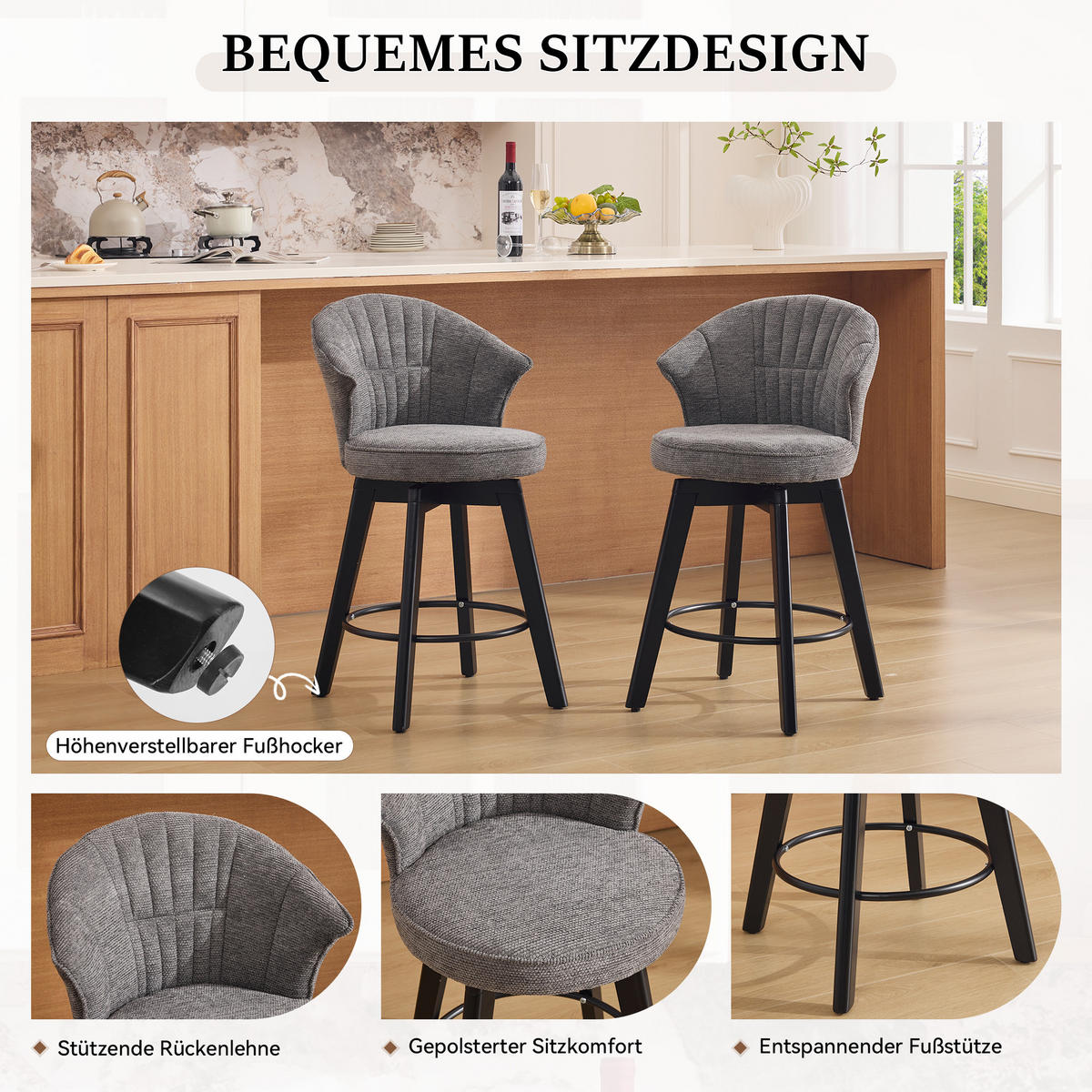 BARHOCKER DE-36257 2er-Set mit 360°-Drehung Grau - Grau, Metall (51/92.5/52.5cm) - ComfortXL