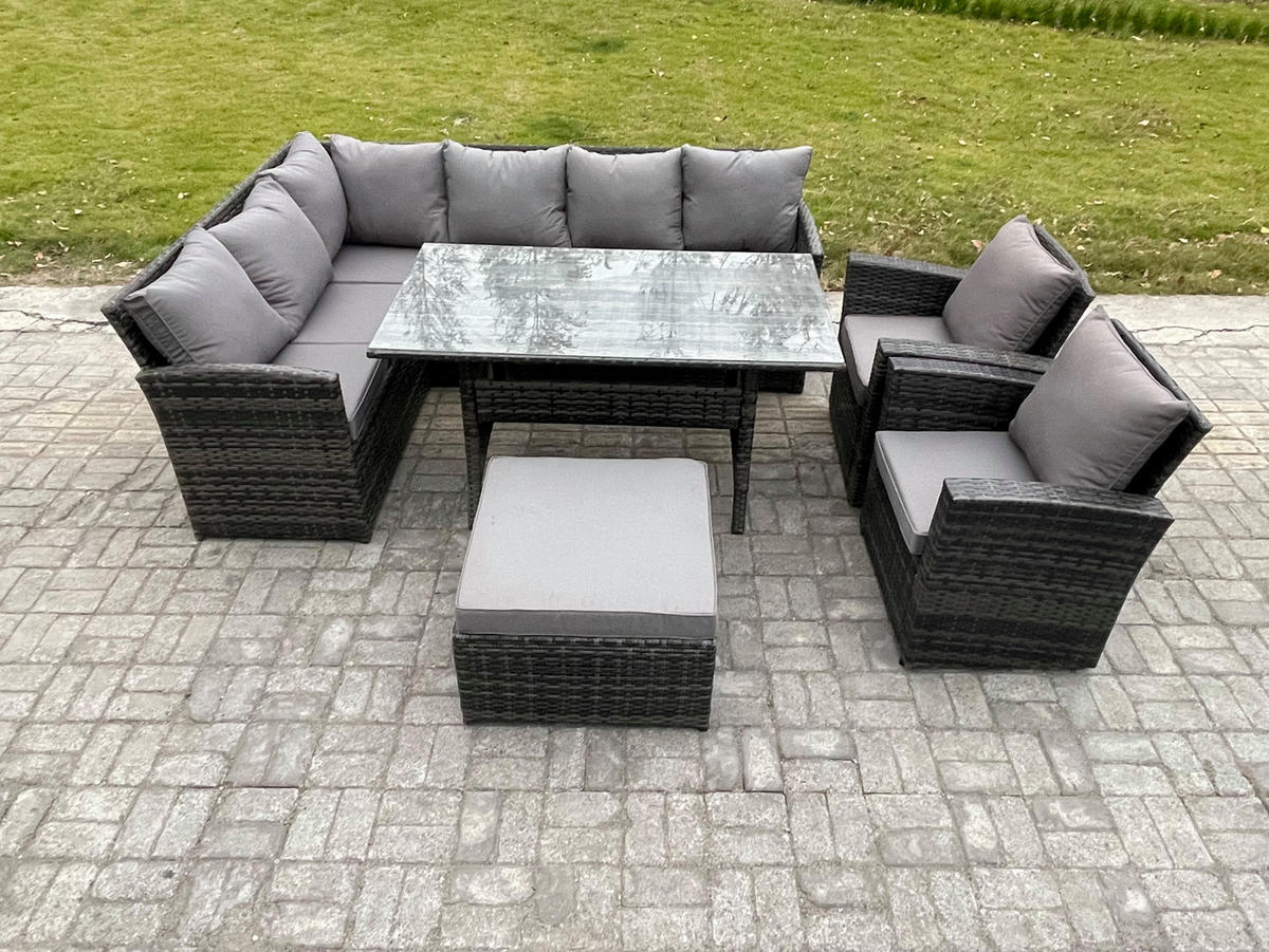 SITZGRUPPE mit Esstisch,Fußhocker,2 Stuhl Polyrattan Dunkelgrau 9-Sitzer - Dunkelgrau/Grau, Glas/Kunststoff - Fimous