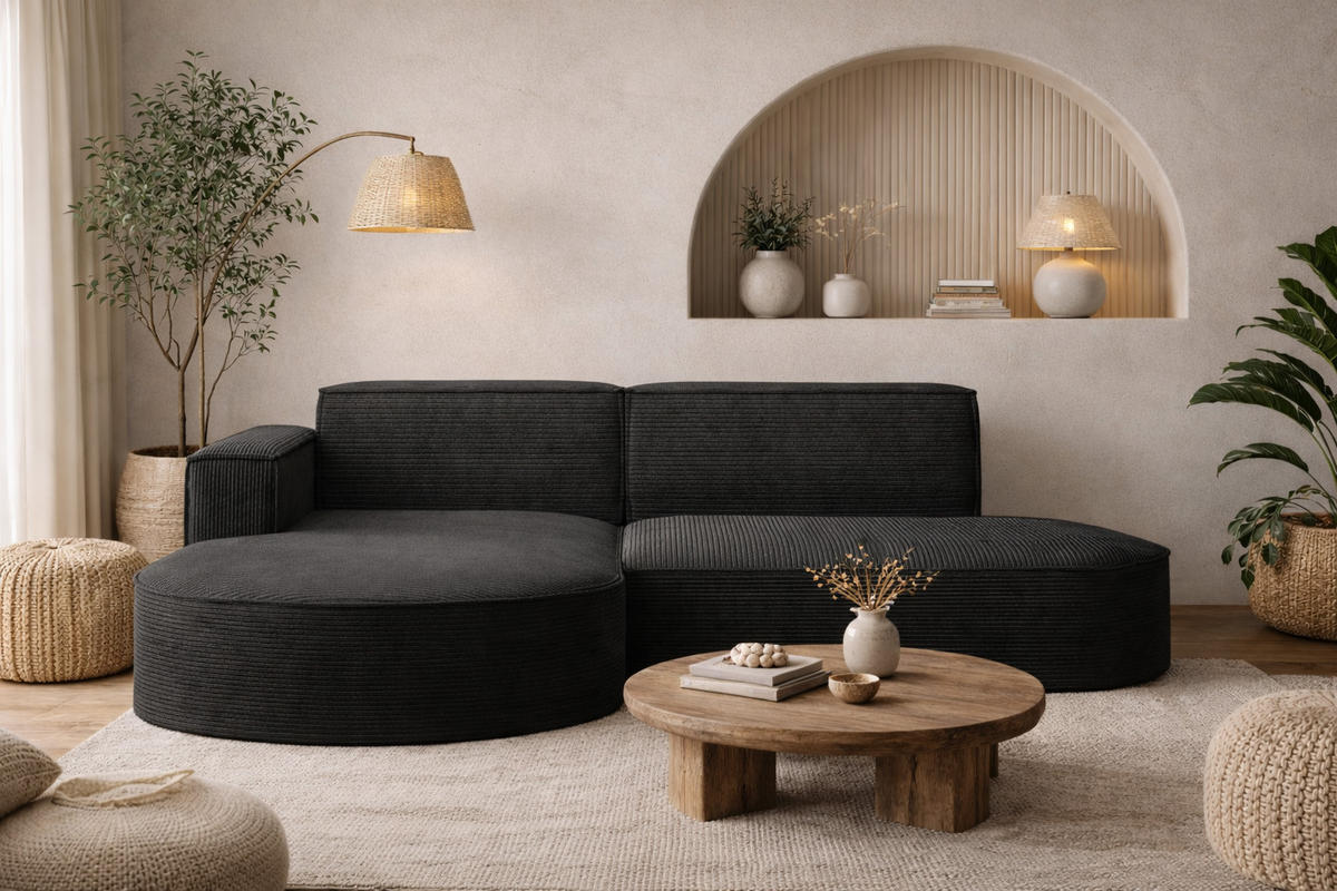 ECKSOFA Designer MODENA STUDIO, Cordstoff Poso, Schwarz, Links - Schwarz, Holzwerkstoff/Textil (165/236cm) - Kaiser Möbel
